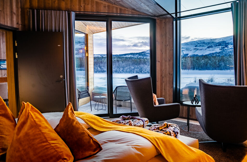 Arctic Wilderness Lodge, Alta, Norway A winter view of the river from a bedroom at Arctic Wilderness Lodge, Alta, Norway
