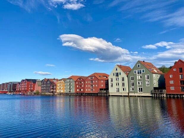 Colourful wharves on the Nidelva River in Trondheim, Norway