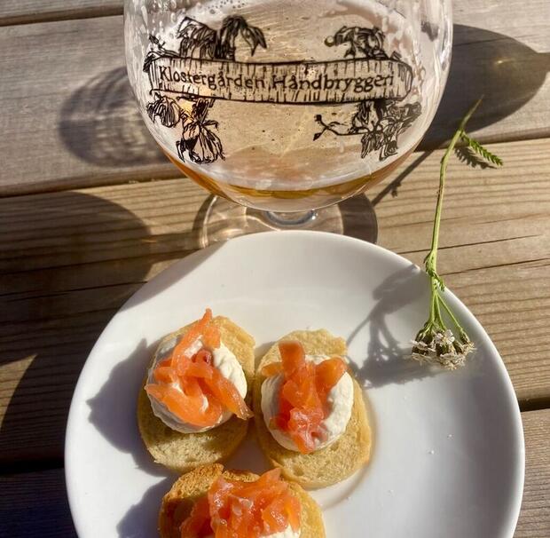 Beer and salmon snacks at Klostergården Tautra near Trondheim, Norway