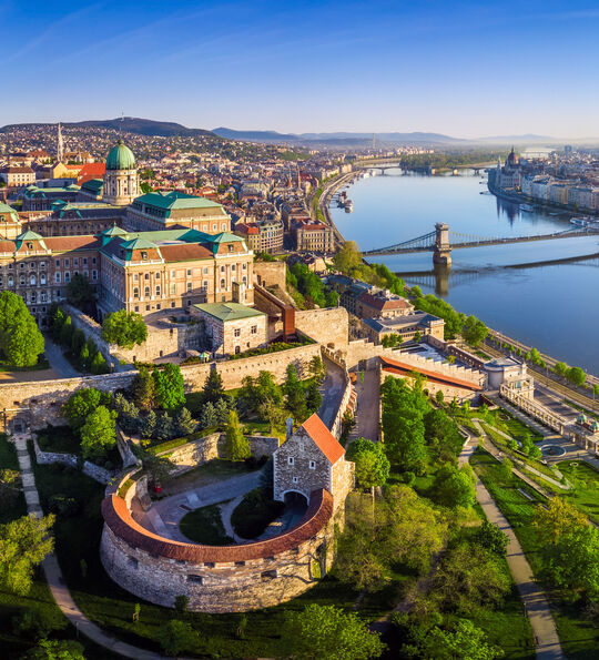 Aerial view of the Danube flowing through the centre of Budapest