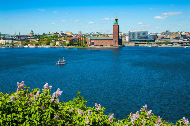 Striking tower of city hall across the water