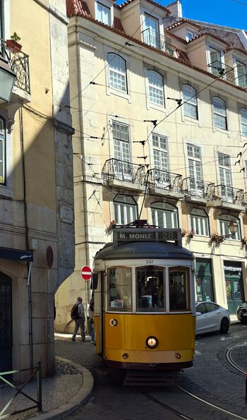 One of Lisbon's famous trams as it makes its way through the narrow lanes of Alfama