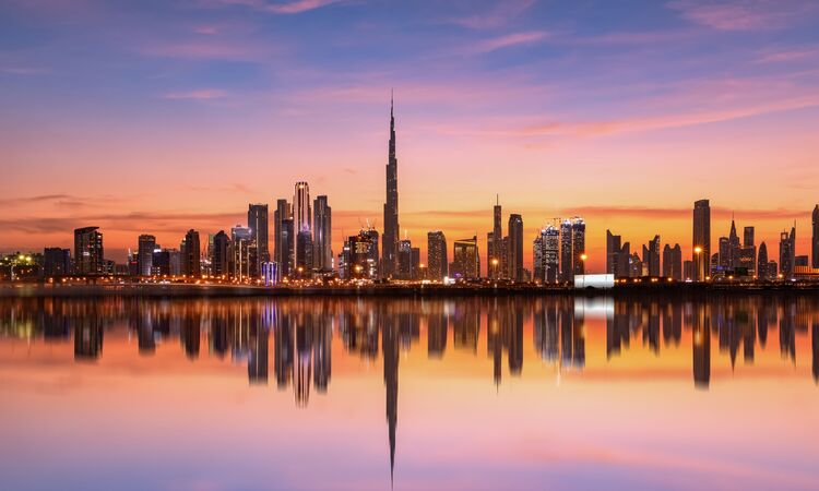 Dubai city skyline at sunset, United Arab Emirates