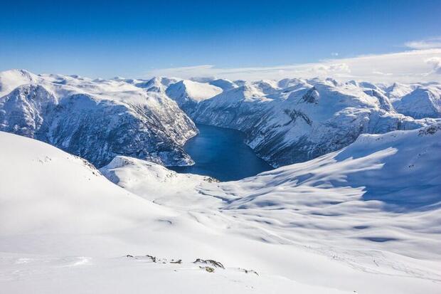 Snowy landscapes of Geirangerfjord, Norway, in winter
