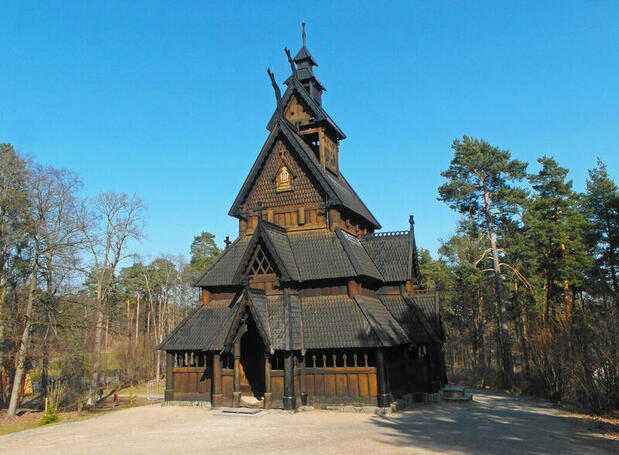 Historic wooden stave church with intricate carvings 
