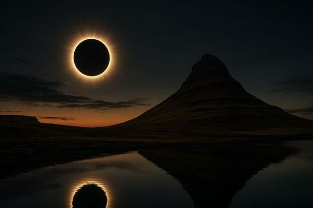 Total solar eclipse on Iceland's Snaefellsnes Peninsula (AI generated)