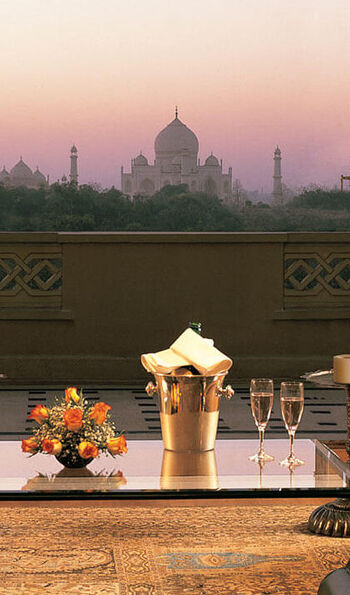 Kohinoor Suite living area with view to the Taj Mahal at the Oberoi Amarvilas, Agra