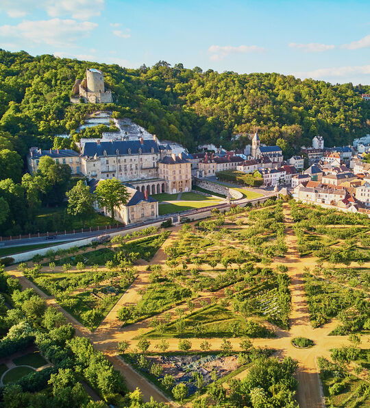 Scenic aerial view of La Roche-Guyon, one of the most beautiful villages in France