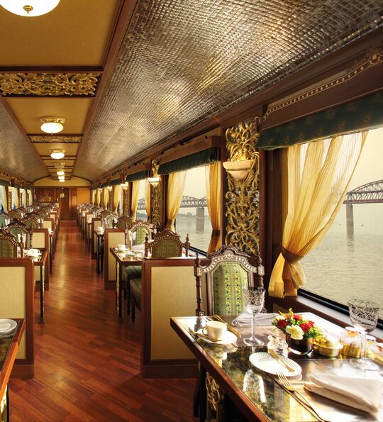 Inside the opulent dining car aboard the Maharajas' Express, India