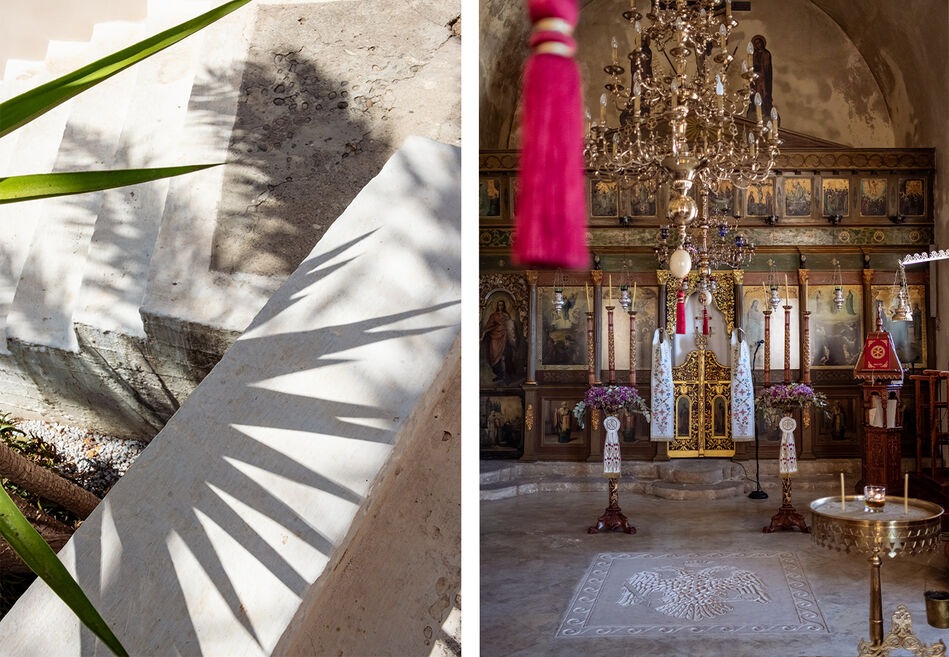 The Monastery of Panagia Chrisoskalitissa Photos of The Monastery of Panagia Chrisoskalitissa in Crete. Image of the steps to the monastery and another of the ornate interior.