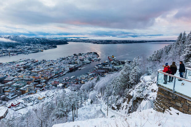 Snowy image from the summit of Mount Fløyen in the Winter