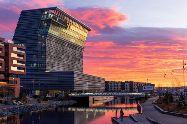 Exterior of the Munch Museum at sunset