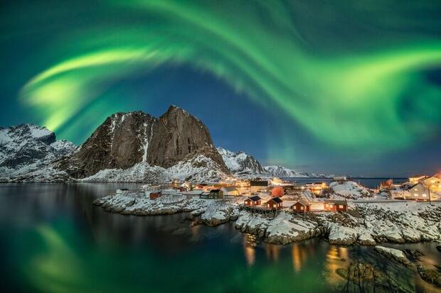 Northern Lights over Hamnoy in Norway's Lofoten Islands