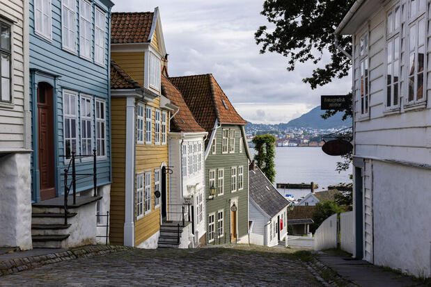 Looking downhill at historic colourful houses
