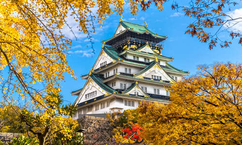 Osaka Castle in Osaka with autumn leaves, Japan