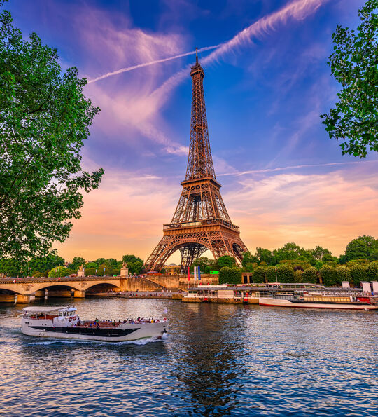 View of the Eiffel Tower from the River Seine in Paris, France