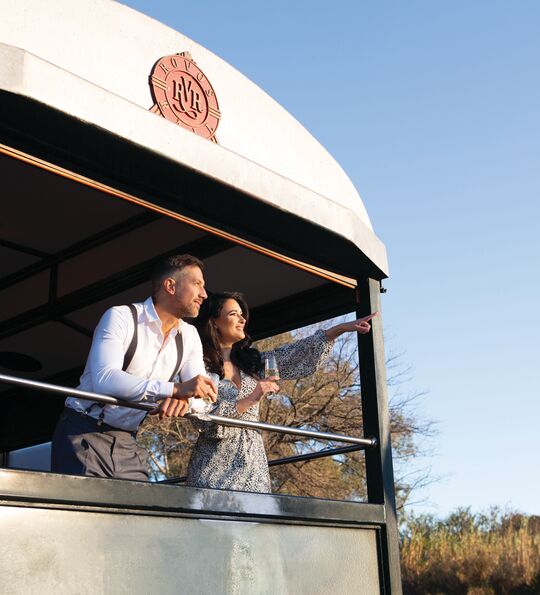 A couple looking out from the Observation Car aboard Rovos Rail