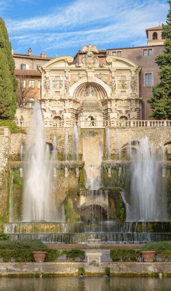 Villa d'Este, Tivoli, Italy. The Fountain of Neptune and The Fountain of the Organ with its Castellum aqua, or water castle See less